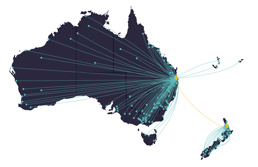 Map of Australia depicting airports serviced by Superior Air Parts.